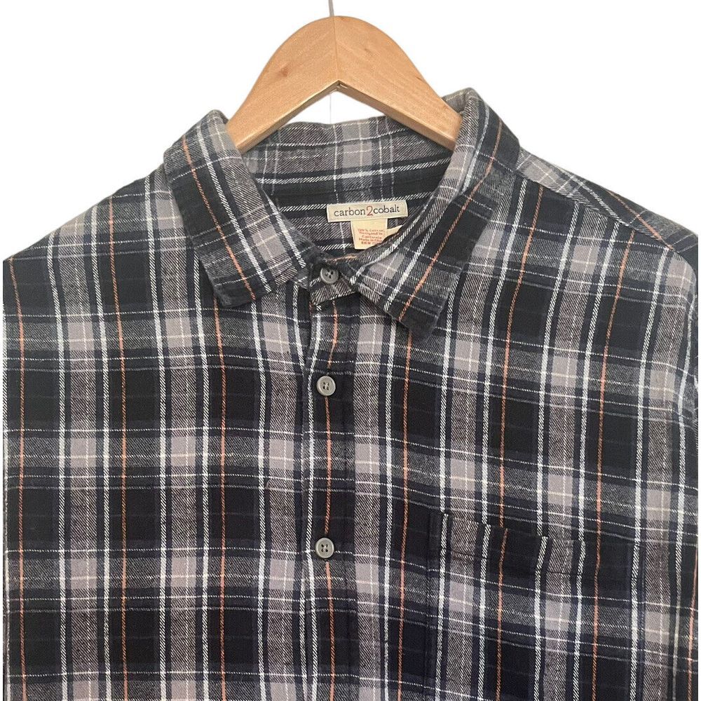 Carbon 2 Cobalt Men's Button Front Flannel Shirt Blue/Gray Plaid Pocket Cotton L